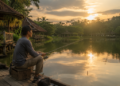 Keseruan seorang pemancing saat bersiap melempar umpan ke dalam kolam air tawar di salah satu tempat mancing di Medan yang ramai pengunjung