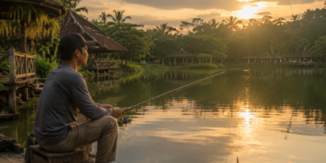 Keseruan seorang pemancing saat bersiap melempar umpan ke dalam kolam air tawar di salah satu tempat mancing di Medan yang ramai pengunjung