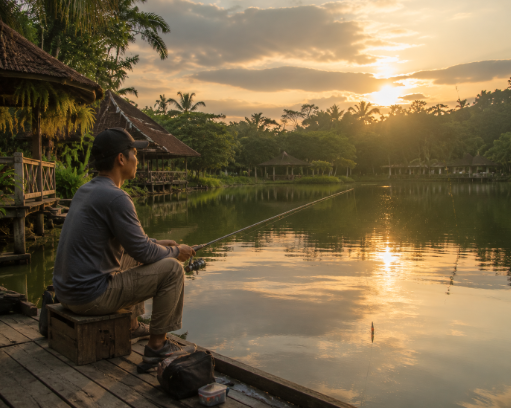 Keseruan seorang pemancing saat bersiap melempar umpan ke dalam kolam air tawar di salah satu tempat mancing di Medan yang ramai pengunjung