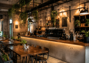 Suasana interior estetik sebuah kafe modern bernuansa industrial minimalis yang menjadi tempat nongkrong di Medan favorit para anak muda