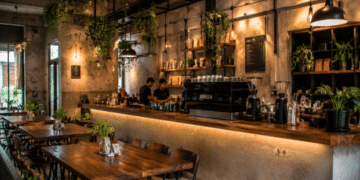 Suasana interior estetik sebuah kafe modern bernuansa industrial minimalis yang menjadi tempat nongkrong di Medan favorit para anak muda