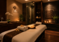 Suasana ruang pijat refleksi yang sangat tenang dengan dekorasi bunga dan lilin aromaterapi di salah satu tempat spa di Medan