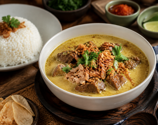 Kehangatan sepiring Soto Medan legendaris dengan kuah santan kaya rempah, salah satu hidangan utama di tempat wisata kuliner di Medan yang wajib dicoba