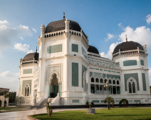 Kemegahan arsitektur Masjid Raya Al-Mashun dengan menara klasiknya yang menjulang tinggi, salah satu objek tempat wisata religi di Medan yang bersejarah