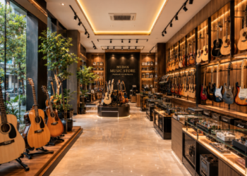 Jajaran gitar listrik dan keyboard modern yang terpajang rapi di dalam ruang pameran salah satu toko alat musik di Medan
