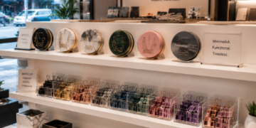 Jajaran tempat binder klip magnetis model bulat dan wadah paper clip organizer akrilik minimalis yang tersusun sangat rapi di dalam etalase toko perlengkapan kantor