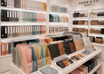 Jajaran binder kulit minimalis berwarna cokelat dan map organizer plastik warna pastel yang tersusun sangat rapi di dalam salah satu toko binder di Medan