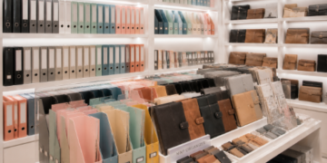 Jajaran binder kulit minimalis berwarna cokelat dan map organizer plastik warna pastel yang tersusun sangat rapi di dalam salah satu toko binder di Medan