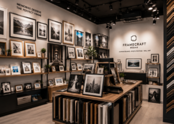 Jajaran bingkai foto minimalis dan pigura mahar tiga dimensi yang tersusun sangat rapi di dalam ruang pameran salah satu toko bingkai di Medan