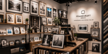 Jajaran bingkai foto minimalis dan pigura mahar tiga dimensi yang tersusun sangat rapi di dalam ruang pameran salah satu toko bingkai di Medan