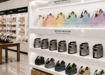 Jajaran tempat dispenser isolasi bahan plastik tebal dengan pemberat semen untuk packing barang dan alat tape dispenser meja minimalis warna-warni yang tersusun sangat rapi di dalam etalase toko perlengkapan kantor