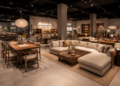 Jajaran sofa minimalis kain dan meja makan kayu jati yang tersusun sangat rapi di dalam ruang pameran salah satu toko furnitur di Medan