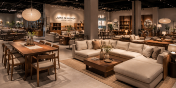 Jajaran sofa minimalis kain dan meja makan kayu jati yang tersusun sangat rapi di dalam ruang pameran salah satu toko furnitur di Medan