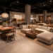 Jajaran sofa minimalis kain dan meja makan kayu jati yang tersusun sangat rapi di dalam ruang pameran salah satu toko furnitur di Medan