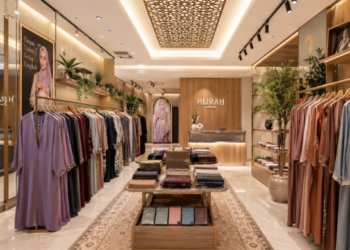 Jajaran gaun panjang muslimah modern dan kerudung sutra warna-warni yang tersusun sangat rapi di dalam ruang pameran salah satu toko gamis di Medan