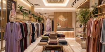 Jajaran gaun panjang muslimah modern dan kerudung sutra warna-warni yang tersusun sangat rapi di dalam ruang pameran salah satu toko gamis di Medan