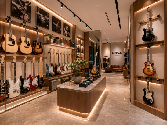 Jajaran gitar akustik kayu cokelat dan gitar listrik modern yang tergantung sangat rapi di dinding salah satu toko gitar di Medan