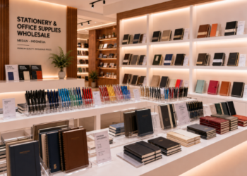 Jajaran tempat belanja toko grosir ATK Medan bahan premium untuk usaha pasokan perlengkapan kantor dan alat wholesale stationery minimalis berbagai pilihan jenis pulpen warna yang tersusun sangat rapi di dalam etalase toko alat tulis