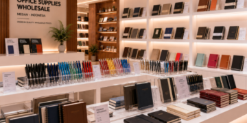 Jajaran tempat belanja toko grosir ATK Medan bahan premium untuk usaha pasokan perlengkapan kantor dan alat wholesale stationery minimalis berbagai pilihan jenis pulpen warna yang tersusun sangat rapi di dalam etalase toko alat tulis