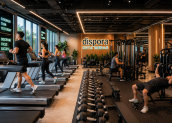 Suasana dalam ruangan pusat kebugaran modern dengan deretan alat angkat beban yang sangat lengkap di salah satu toko gym di Medan