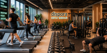 Suasana dalam ruangan pusat kebugaran modern dengan deretan alat angkat beban yang sangat lengkap di salah satu toko gym di Medan