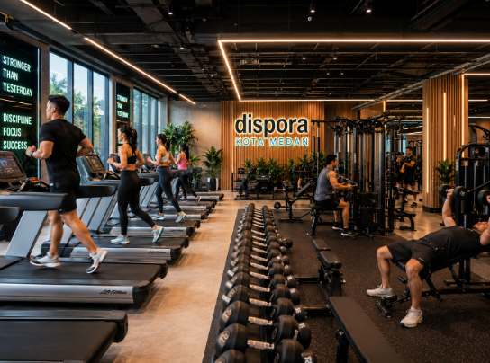 Suasana dalam ruangan pusat kebugaran modern dengan deretan alat angkat beban yang sangat lengkap di salah satu toko gym di Medan