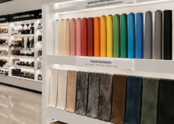 Jajaran tempat kain background berbagai warna solid untuk studio foto dan alat backdrop foto studio minimalis gulungan rol kertas yang tersusun sangat rapi di dalam etalase toko perlengkapan kamera