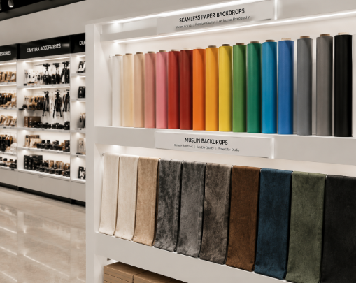 Jajaran tempat kain background berbagai warna solid untuk studio foto dan alat backdrop foto studio minimalis gulungan rol kertas yang tersusun sangat rapi di dalam etalase toko perlengkapan kamera