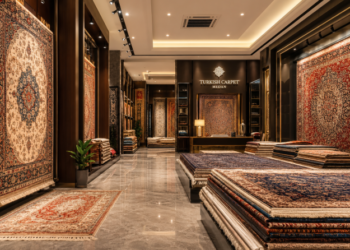Jajaran permadani turki mewah berdesain klasik dan gulungan karpet lantai modern yang tersusun sangat rapi di dalam ruang pameran salah satu toko karpet di Medan
