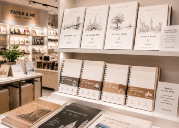 Jajaran tempat kertas gambar bahan serat katun tebal untuk sketsa komik dan alat drawing paper pad minimalis berbagai ukuran gramasi yang tersusun sangat rapi di dalam etalase toko perlengkapan seni rupa