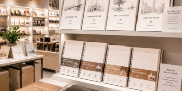 Jajaran tempat kertas gambar bahan serat katun tebal untuk sketsa komik dan alat drawing paper pad minimalis berbagai ukuran gramasi yang tersusun sangat rapi di dalam etalase toko perlengkapan seni rupa
