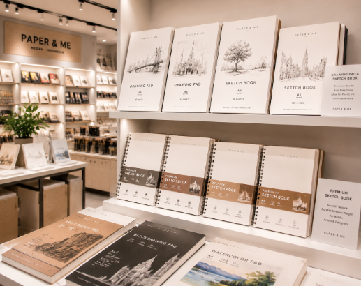 Jajaran tempat kertas gambar bahan serat katun tebal untuk sketsa komik dan alat drawing paper pad minimalis berbagai ukuran gramasi yang tersusun sangat rapi di dalam etalase toko perlengkapan seni rupa