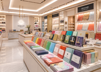 Jajaran kertas karton manila warna pastel dan tumpukan kertas origami bermotif estetik yang tersusun sangat rapi di dalam salah satu toko kertas warna di Medan