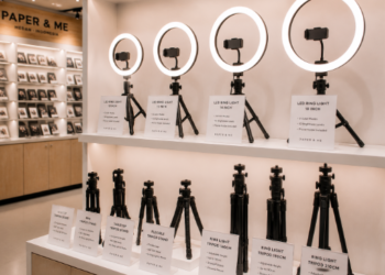 Jajaran tempat lampu cincin bahan plastik polikarbonat tebal untuk konten video dan alat ring light selfie minimalis berbagai ukuran diameter lampu yang tersusun sangat rapi di dalam etalase toko perlengkapan studio