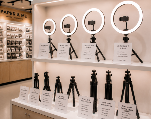 Jajaran tempat lampu cincin bahan plastik polikarbonat tebal untuk konten video dan alat ring light selfie minimalis berbagai ukuran diameter lampu yang tersusun sangat rapi di dalam etalase toko perlengkapan studio