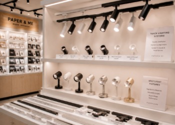 Jajaran tempat lampu sorot foto bahan aluminium tebal untuk studio foto dan alat track lighting studio minimalis berbagai warna lampu yang tersusun sangat rapi di dalam etalase toko perlengkapan display