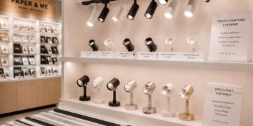 Jajaran tempat lampu sorot foto bahan aluminium tebal untuk studio foto dan alat track lighting studio minimalis berbagai warna lampu yang tersusun sangat rapi di dalam etalase toko perlengkapan display