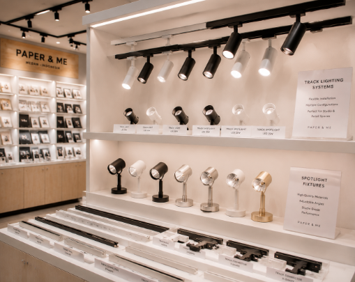 Jajaran tempat lampu sorot foto bahan aluminium tebal untuk studio foto dan alat track lighting studio minimalis berbagai warna lampu yang tersusun sangat rapi di dalam etalase toko perlengkapan display