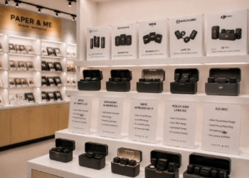 Jajaran tempat mikrofon jepit bahan plastik abs ringan untuk konten kreator dan alat clip on mic wireless minimalis berbagai tipe konektor gawai yang tersusun sangat rapi di dalam etalase toko perlengkapan studio