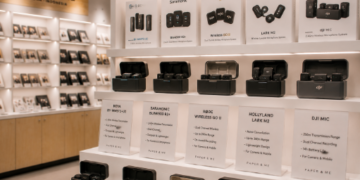 Jajaran tempat mikrofon jepit bahan plastik abs ringan untuk konten kreator dan alat clip on mic wireless minimalis berbagai tipe konektor gawai yang tersusun sangat rapi di dalam etalase toko perlengkapan studio