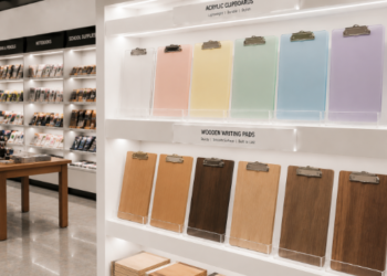 Jajaran tempat papan dada bahan akrilik transparan untuk ujian sekolah dan alat clipboard alas menulis minimalis dari kayu tebal yang tersusun sangat rapi di dalam etalase toko perlengkapan kantor