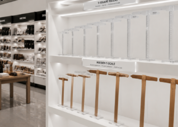 Jajaran tempat penggaris t bahan akrilik transparan untuk mahasiswa arsitek dan alat mistar t-square gambar teknik yang tersusun sangat rapi di dalam etalase toko perlengkapan kantor