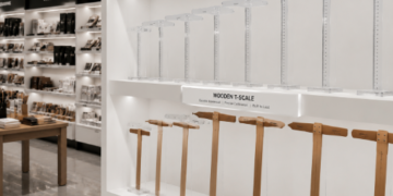 Jajaran tempat penggaris t bahan akrilik transparan untuk mahasiswa arsitek dan alat mistar t-square gambar teknik yang tersusun sangat rapi di dalam etalase toko perlengkapan kantor