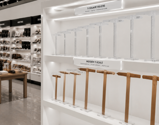 Jajaran tempat penggaris t bahan akrilik transparan untuk mahasiswa arsitek dan alat mistar t-square gambar teknik yang tersusun sangat rapi di dalam etalase toko perlengkapan kantor