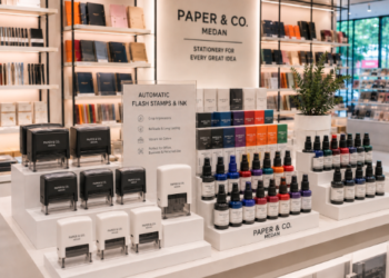 Jajaran stempel otomatis model flash warna-warni tanpa bantalan dan alat cap tanggal besi yang tersusun sangat rapi di dalam etalase toko perlengkapan kantor
