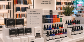 Jajaran stempel otomatis model flash warna-warni tanpa bantalan dan alat cap tanggal besi yang tersusun sangat rapi di dalam etalase toko perlengkapan kantor
