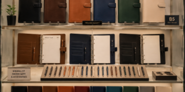 Jajaran tempat binder kulit premium ukuran B5 untuk eksekutif dan alat binder note minimalis berbagai warna yang tersusun sangat rapi di dalam etalase toko perlengkapan kantor