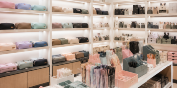 Jajaran tempat pensil kain berwarna pastel dan kotak penyimpanan alat tulis minimalis yang tersusun sangat rapi di dalam ruang pameran salah satu toko tempat pensil di Medan