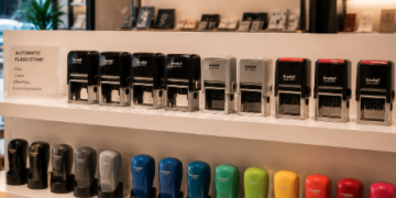 Jajaran tempat stempel otomatis model flash bahan plastik kristal tebal dan alat gagang stempel trodat minimalis berbagai bentuk yang tersusun sangat rapi di dalam etalase toko perlengkapan kantor