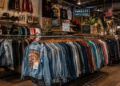 Jajaran jaket denim vintage dan kemeja flanel impor yang terpajang rapi menggunakan gantungan di salah satu toko thrift di Medan